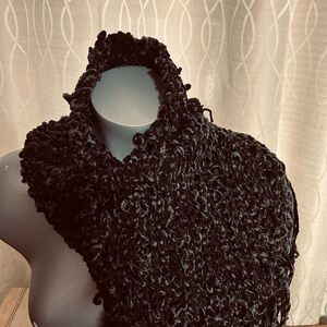 NWOT Velvet Yarn Black Sparkly Knit Scarf with 7” Fringe Very Soft Very Warm
